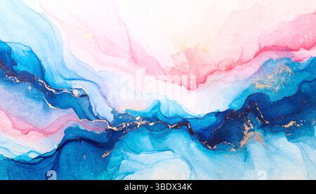 A stunning blue abstract watercolor painting featuring soft pink and subtle gold accents on a grunge white paper texture. The swirling colors create a Stock Photo