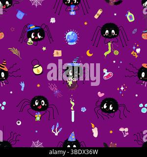 Cartoon spider seamless pattern. Neon colors print for fabric or wrapping, web design. Halloween template with funny spiders, nowaday vector Stock Vector