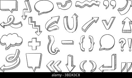 Hand drawn 3d elements. Doodle arrows, brackets, punctuation and emotion marks. Sketch style speech bubbles. Stickers for planning, neoteric vector Stock Vector