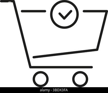 Shopping Cart With Checkmark Line Icon. Online Purchase Confirmation And E-Commerce Approval Outline Symbol. Secure Transaction And Order Completion Stock Vector