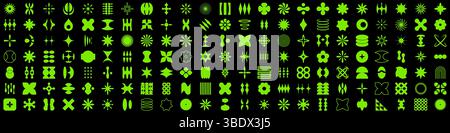 Neon Cyber Techno Geometric Element Motifs Solid Icon Set. Neon Cyber Techno Geometric Element Motifs Silhouette Symbol Collection. Isolated Vector Stock Vector