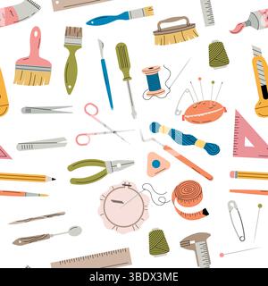 Craft tools. items for handmade design project. brushes needles hooks threads. Stock Vector