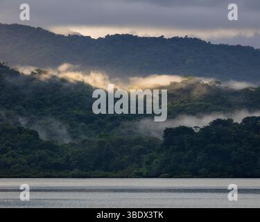Sunrise and misty rainforests and mountains seen from the island Bahia ...