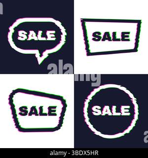 Set of four distorted glitch sale banners with error effect on the edges and in text. Vector illustration. Stock Vector