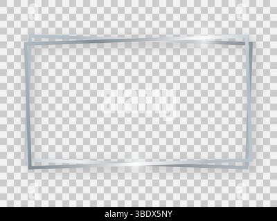 Double silver shiny 16x9 rectangular frame with glowing effects and shadows on transparent background. Vector illustration Stock Vector