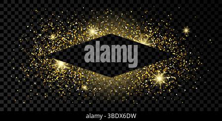 Golden rhombus frame with glitter, sparkles and flares on dark transparent  background. Empty luxury backdrop. Vector illustration. Stock Vector
