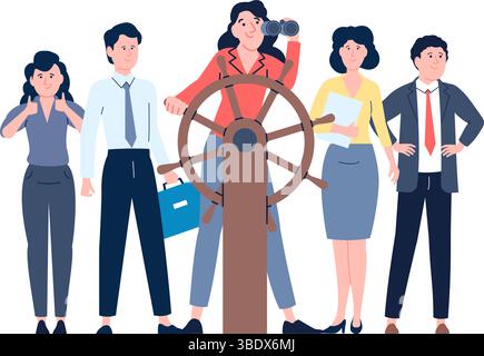 Female team leader at helm with team. Business people, communication and working together. Achieving goals, choosing right course of development Stock Vector
