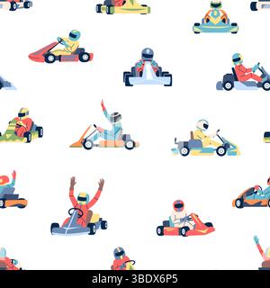 Karting cars seamless pattern. Flat karts racers different rotations, sport racing. Extreme hobby print for fabric, wallpaper, wrapping, vector Stock Vector