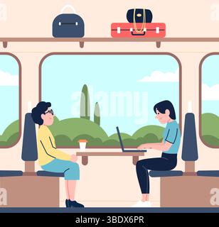 Passengers in train. Women travel inside carriage, girl working on laptop and woman drink coffee and looks out in window. Public transport, tourism Stock Vector