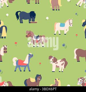Funny flat pony on green meadow seamless pattern. Childish farm or market animals. Print for wallpaper fabric web design, vector background Stock Vector