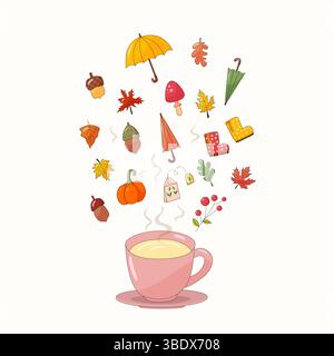 Autumn pink mug with hot tea, umbrella hovering above the mug, acorns, rubber boots, leaves, hand drawn, on a light background Stock Vector