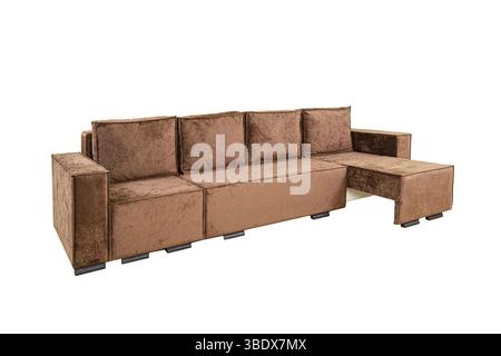 Brown corner sofa with velor fabric pillows isolated on a white background. Cushioned furniture. Stock Photo