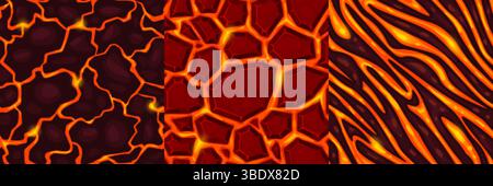 Cartoon lava textures. Molten volcanic magma texture seamless pattern, volcano eruption fissure surface top view hell fire 2d game hot rock burnt earth swanky vector illustration original artwork Stock Vector