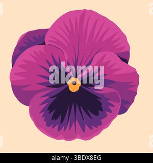 A vibrant purple pansy flower with dark center details, shown on a soft beige background Stock Vector