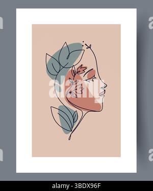 Stylized Line Art Portrait featuring beautifully intertwined Floral Elements that captivate the eye Stock Vector
