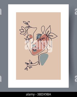 An Abstract Line Drawing Illustrating a Face Incorporated with Beautiful Floral Elements Stock Vector