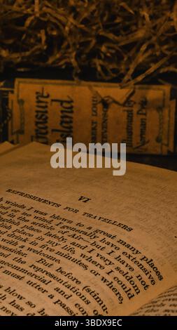 Vintage open book on a straw surface and a classical literature book cover. Stock Photo
