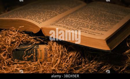 Vintage open book on a straw surface and a classical literature book cover. Stock Photo