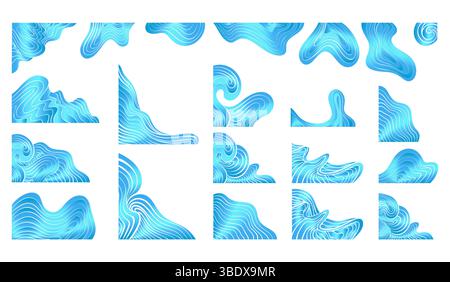 Neon Blue Wavy Corner Set Vector Borders Isolated Design Elements. Luxury, Elegant Decorative Abstract Shapes for Banner Stock Vector