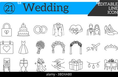 Editable Line Style Wedding Icons – Vector Symbols for Love, Marriage and Events Stock Vector