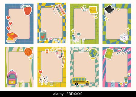Vibrant set of cartoon posters with groovy checkered and striped textures, decorated with fun sticker-style elements for a Back to School theme. Perfe Stock Vector
