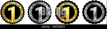 Set of four number one award badges in gold, silver, and black colors with scalloped edges, used for ranking or best rating visuals Stock Vector