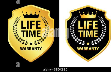 gold and black lifetime warranty badge icons with crown and shield shape used for product guarantee and trust Stock Vector