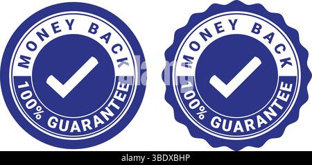 blue money back guarantee badges with check mark icons representing refund assurance or product return Stock Vector