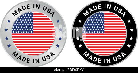 Set of two made in USA circular badges with American flag and star accents, used for origin marking and product authenticity Stock Vector