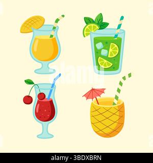 A flat vector illustration set of four colorful summer drinks. Mango, mojito, cherry and pineapple flavors.  Stock Vector