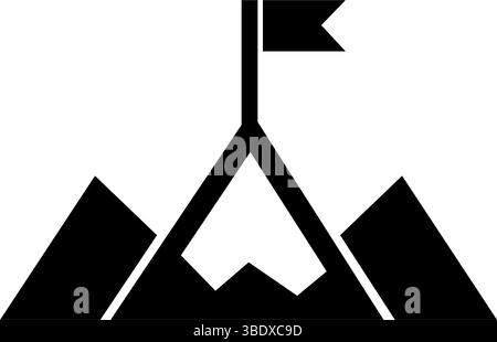 Simple black vector icon of a mountain peak with a flag on top, representing achievement and success Stock Vector