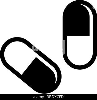 Simple black vector icon of two capsule pills, representing medication and pharmaceuticals Stock Vector