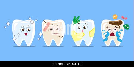 Tooth disease . Healty tooth, cracked tooth, tartar and food stuck on teeth and dental caries . Set of funny cartoon character . Isolated on blue back Stock Vector