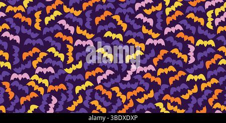 Colorful Halloween Seamless Pattern with Bat Silhouettes on Purple Background. Flying cute bats with orange, pink, and yellow great for Halloween Stock Vector