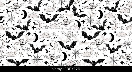 Monochrome Halloween Seamless Pattern with Bats, Moons, Stars, and Spiderwebs. Elegant black and white design full of spooky motifs, ideal for gothic Stock Vector
