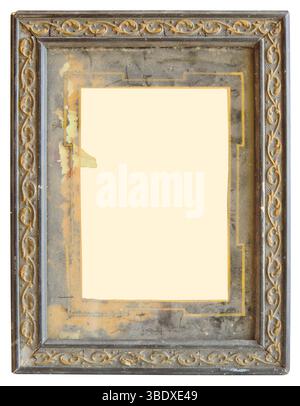 Vintage grungy empty picture frame.Very dusty object,est. 1910.Free space for your pics,paintings or copy.Isolated on white background.. Stock Photo