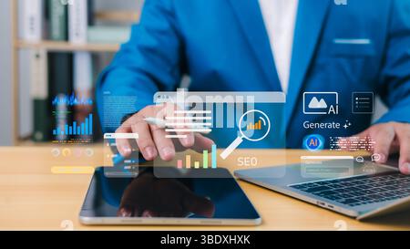 Businessman working on SEO strategy using computer and AI assistant, optimizing website performance, boosting search engine ranking, and enhancing dig Stock Photo