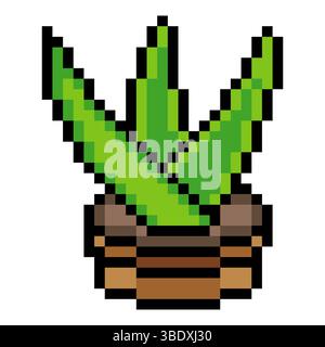 Aloe vera plant in pot with pixel art isolated on white background Stock Vector