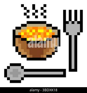 Rice bowl with spoon and fork in pixel art style Stock Vector
