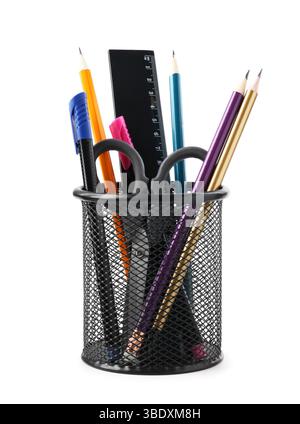 Different stationery in pen holder isolated on white Stock Photo