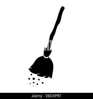 Broom Icon with Dust Particles Silhouette Vector Illustration. A traditional broom sweeping dust. The broom has a natural, irregular wooden handle. Stock Vector