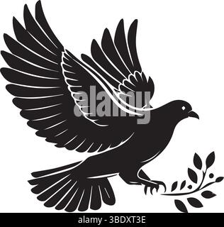 Elegant Black and White Dove Silhouette with Olive Branch Peace Symbol Stock Vector