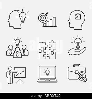 Minimal outline icon set representing creative business solutions ideas, teamwork, goals, innovation and strategy concepts, vector illustration Stock Vector