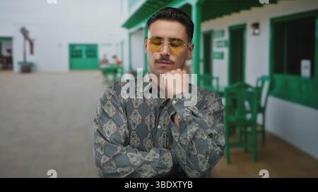 Young man with sunglasses relaxes on an outdoor restaurant terrace, wearing a patterned shirt, displaying a pensive expression amidst green decor and Stock Photo