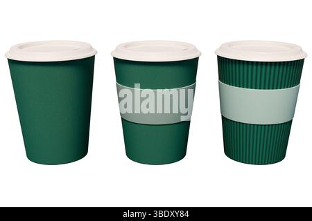 Three green disposable coffee cups with white lids, arranged in a row. 3d rendering Stock Photo