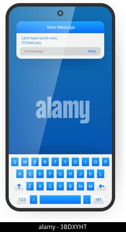 Modern smartphone messaging app user interface featuring a blue themed notification layout, on screen QWERTY keyboard, and reply message field. Stock Vector