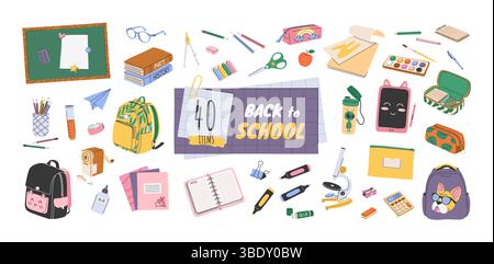Set of 40 isolated school supplies and stationery. Stock Vector