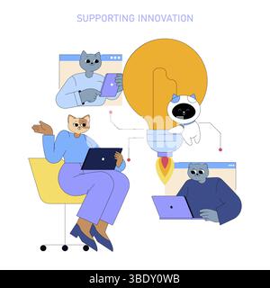 AI enhances innovation for mid-sized businesses through collaboration. The illustration depicts characters engaging with technology, signifying teamwork and creative problem-solving in the corporate world. Stock Vector