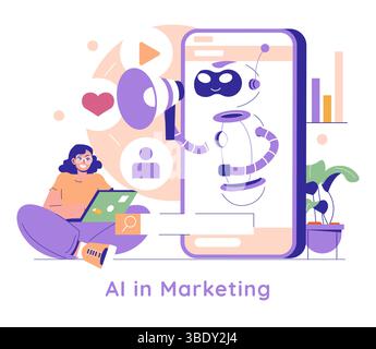 AI in Marketing concept. Illustration of a woman using a laptop with AI tools displayed on a giant smartphone, enhancing digital marketing. Stock Vector