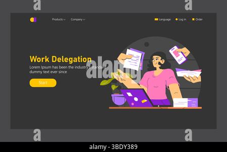 Delegation in a work environment aims to distribute tasks effectively among team members. This illustration shows a professional managing multiple responsibilities with a focus on organized collaboration and productivity. Vector illustration. Stock Vector